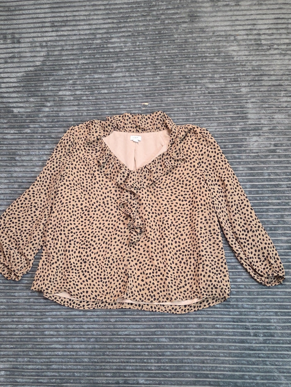 J. Crew Tan Ruffle V-Neck Blouse with Black Spot Print